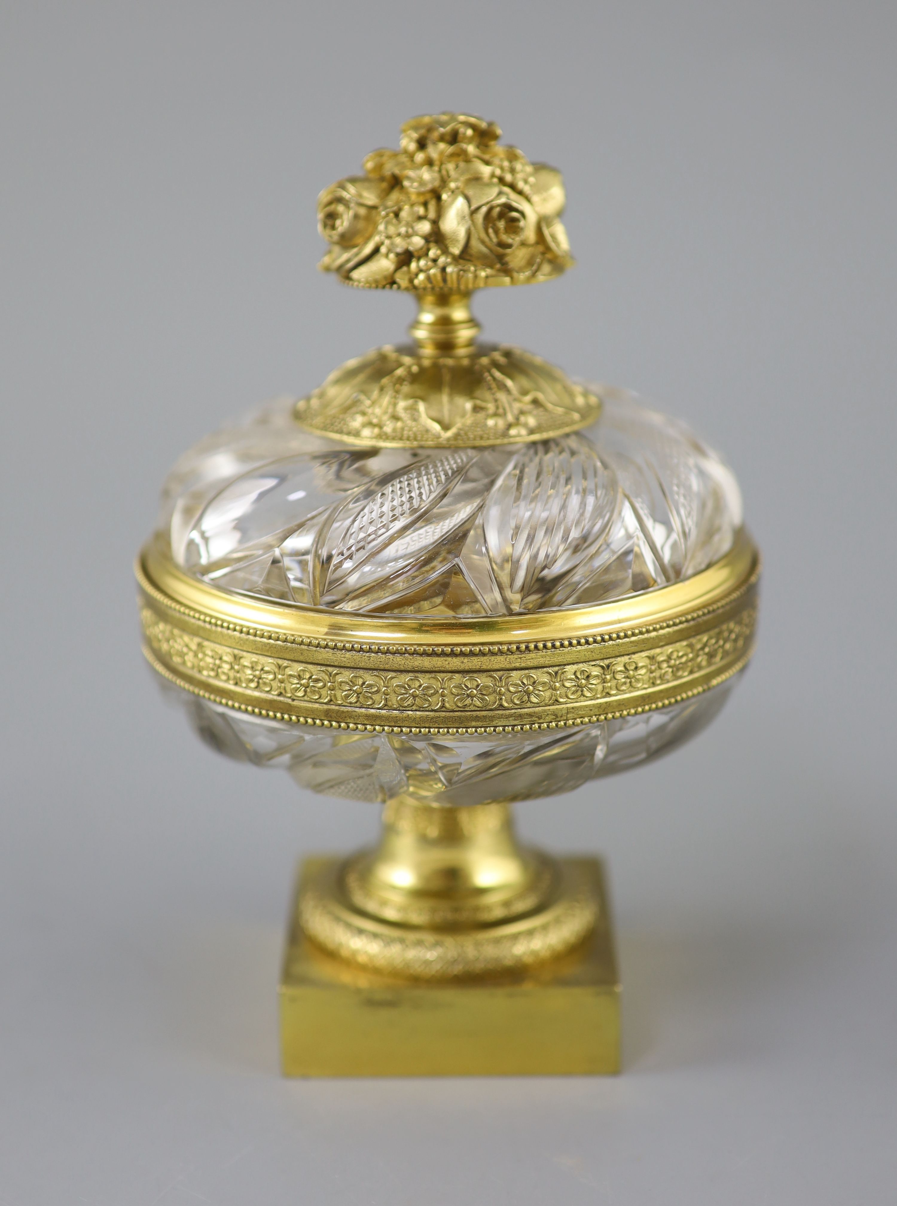 A French cut glass and ormolu urn shaped ink stand, second quarter 19th century, 17cm high